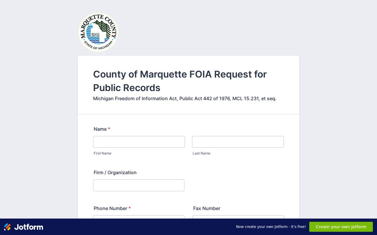 Marquette County blank public records request form used for traffic and warrant records requests