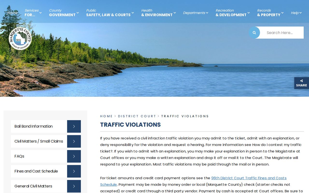 Marquette County District Court ten-day traffic response and payment instructions tied to warrant records