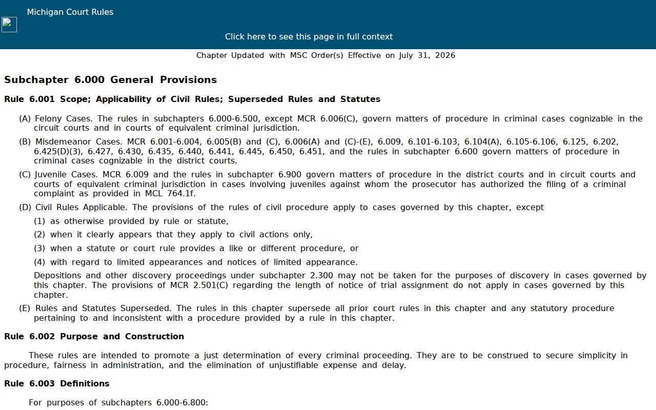 Michigan Court Rule 6.103 text on the 48-hour first failure to appear rule used for Marquette County bench warrant records