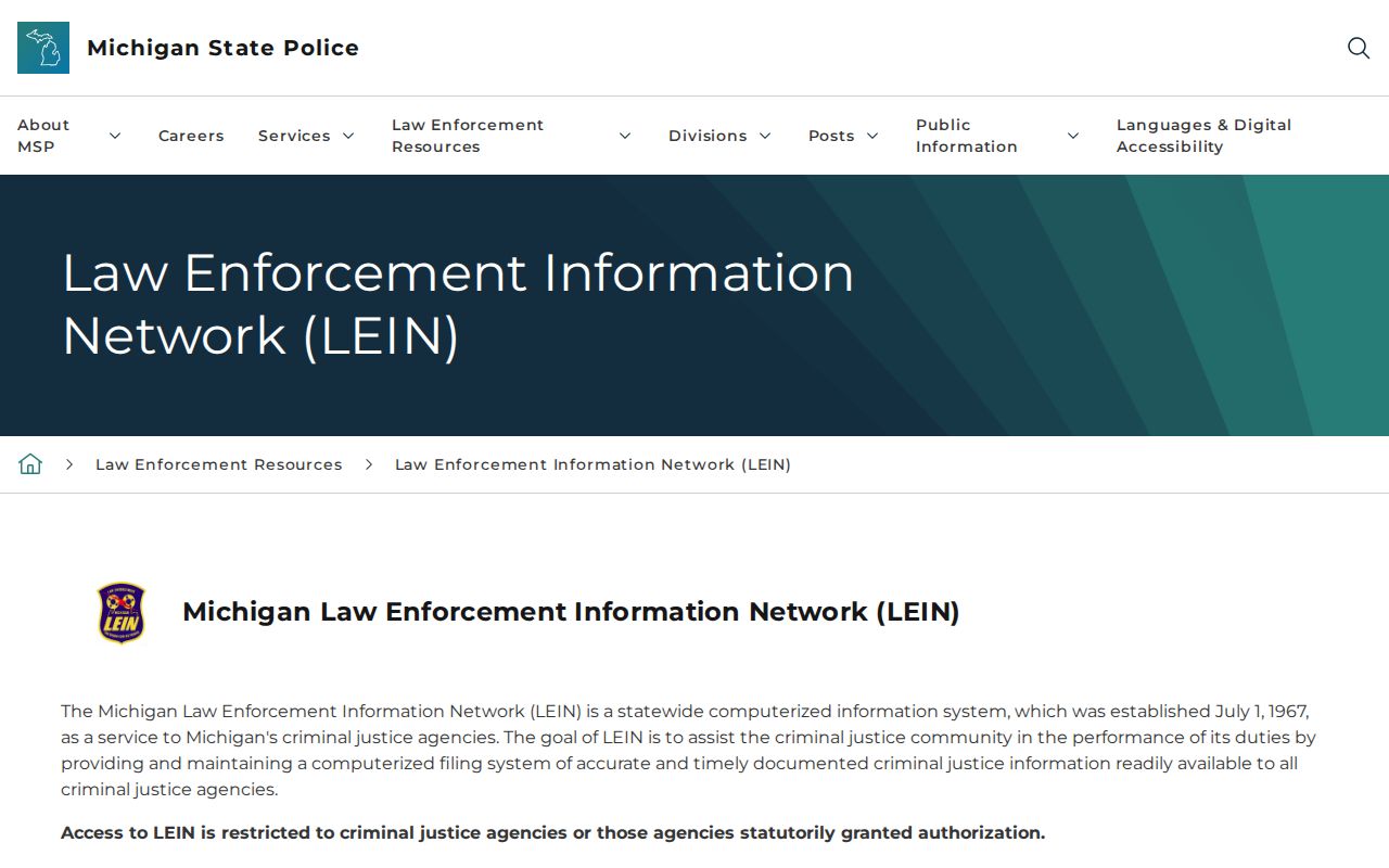 Michigan State Police restricted access statement for the LEIN system used for Marquette County warrant records