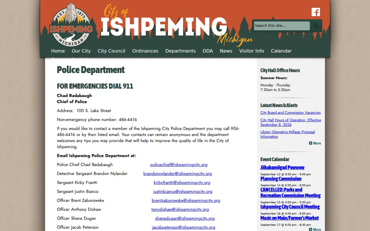 Ishpeming police department current address and phone listing for local warrant records questions