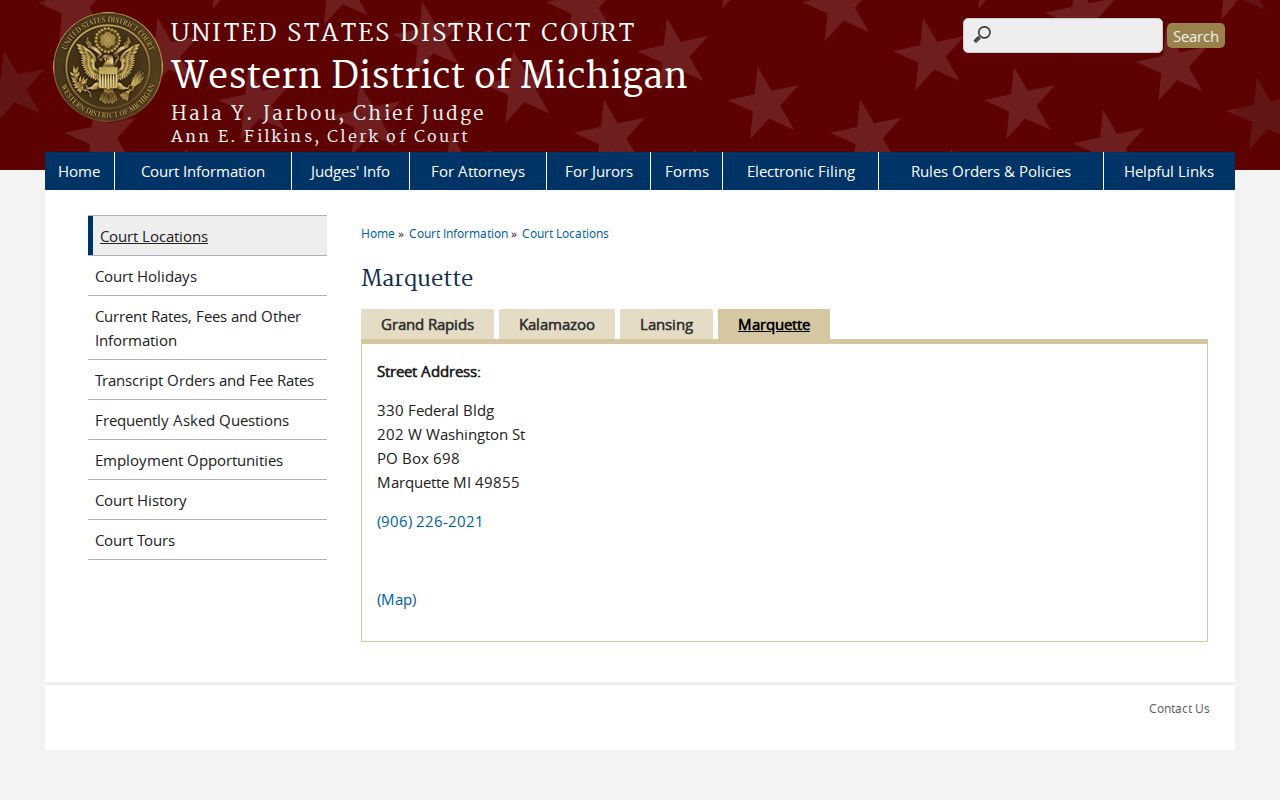 Marquette federal courthouse address and phone listing separate from Marquette County warrant records