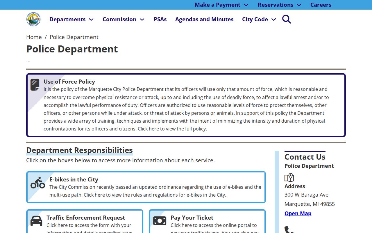 Marquette city police department contact page used for local warrant records routing