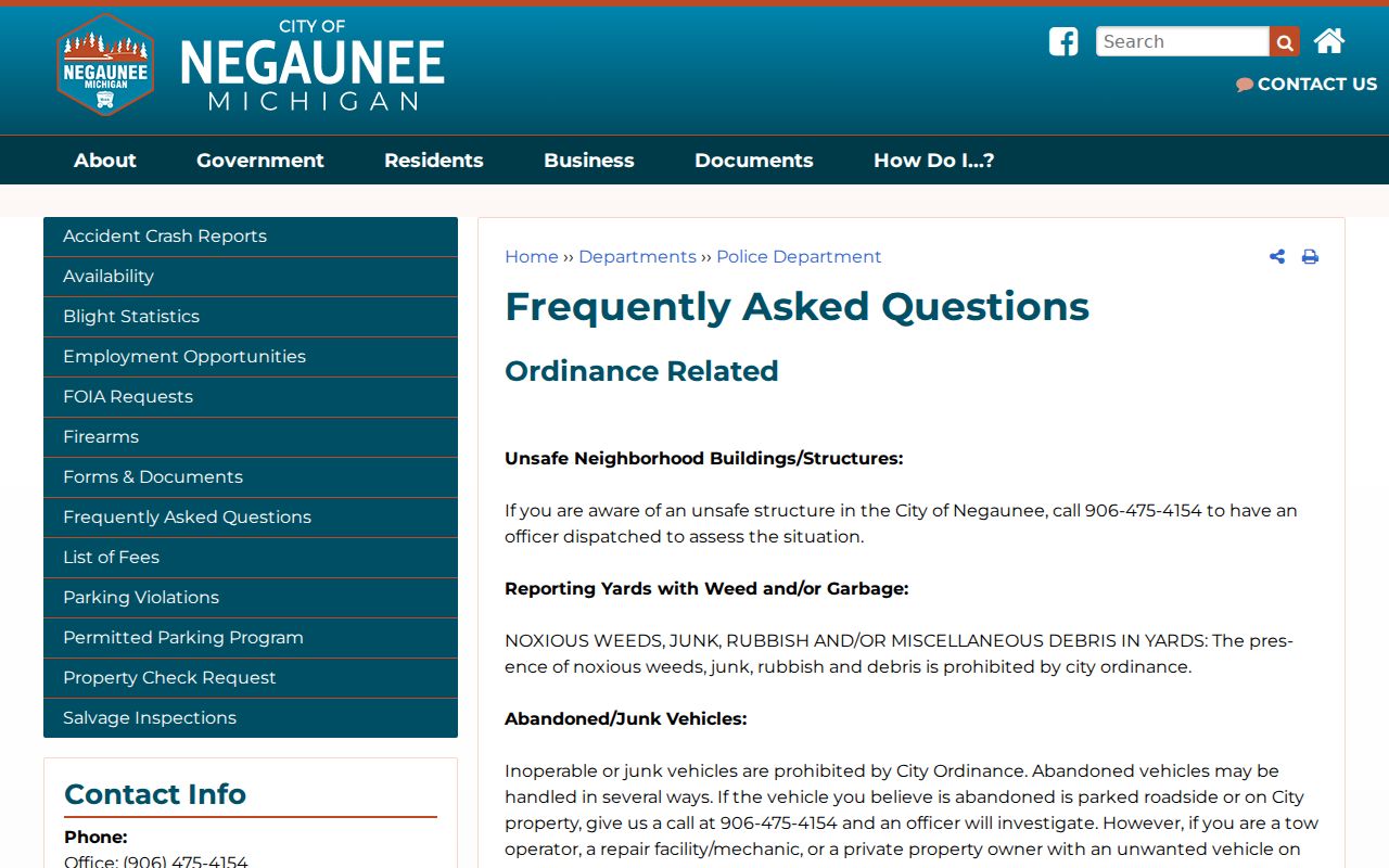 Negaunee police FAQ showing station address and District Court traffic routing for warrant records