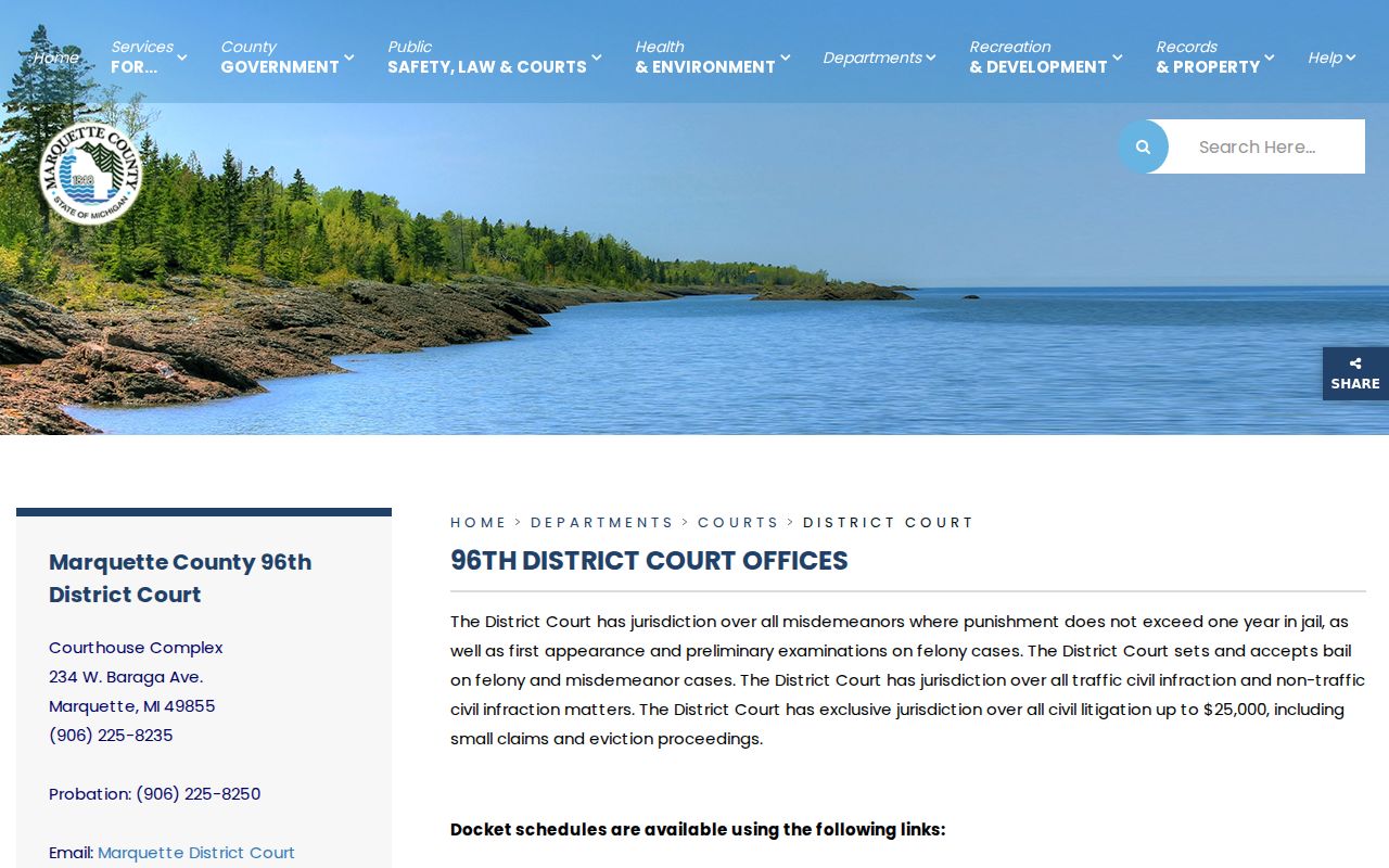 Marquette County District Court address and phone listing used for warrant records questions