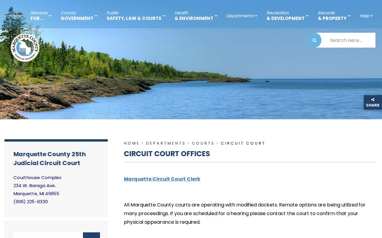 Marquette County Circuit Court address and phone listing for felony warrant records