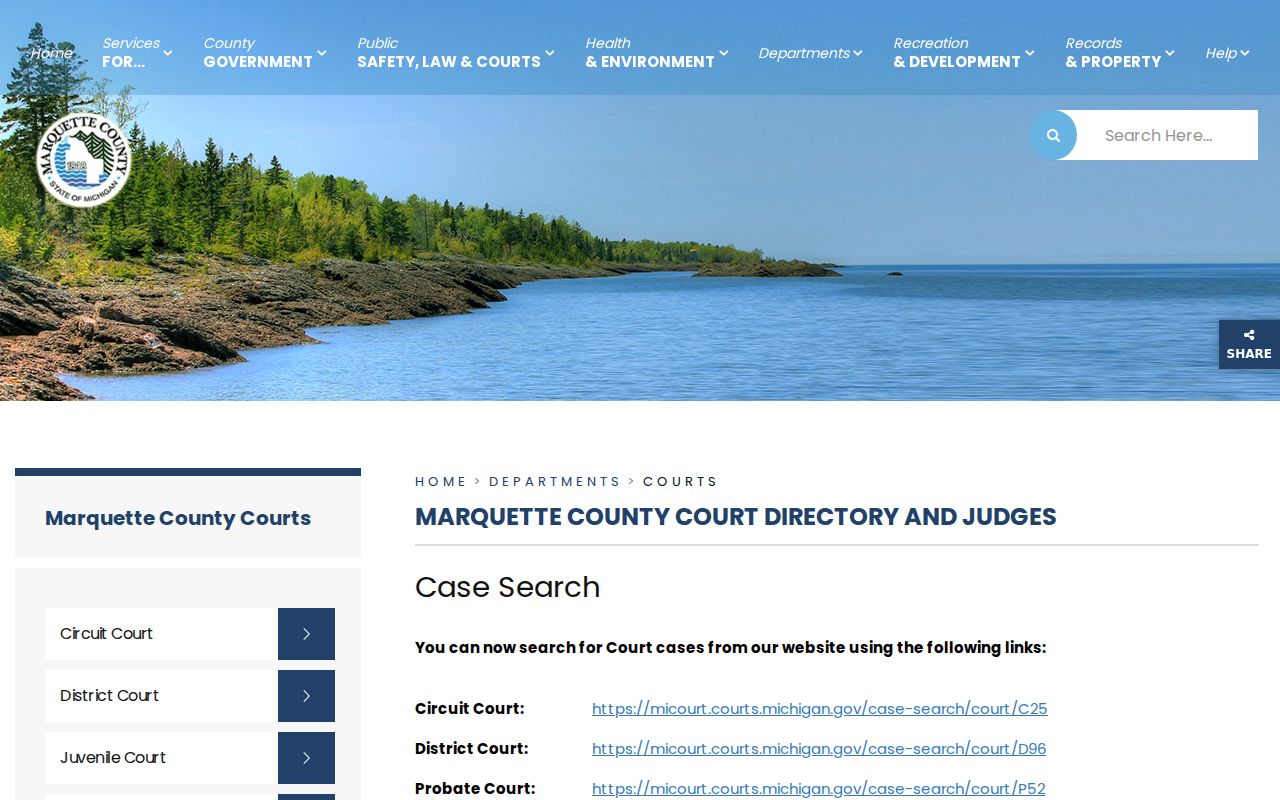 Marquette County court contacts list showing District, Circuit, and Probate court warrant record offices