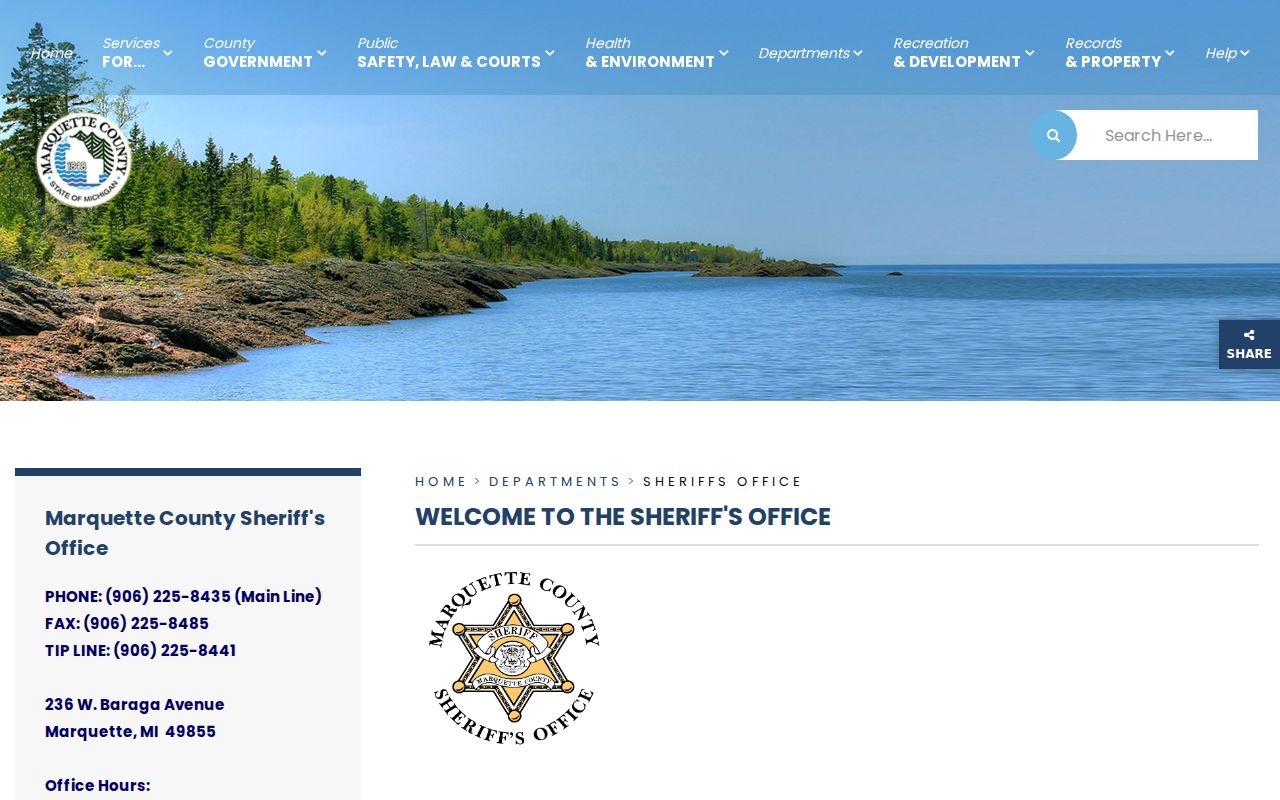 Marquette County Sheriff's Office header with address, phone, and tip line for warrant records routing
